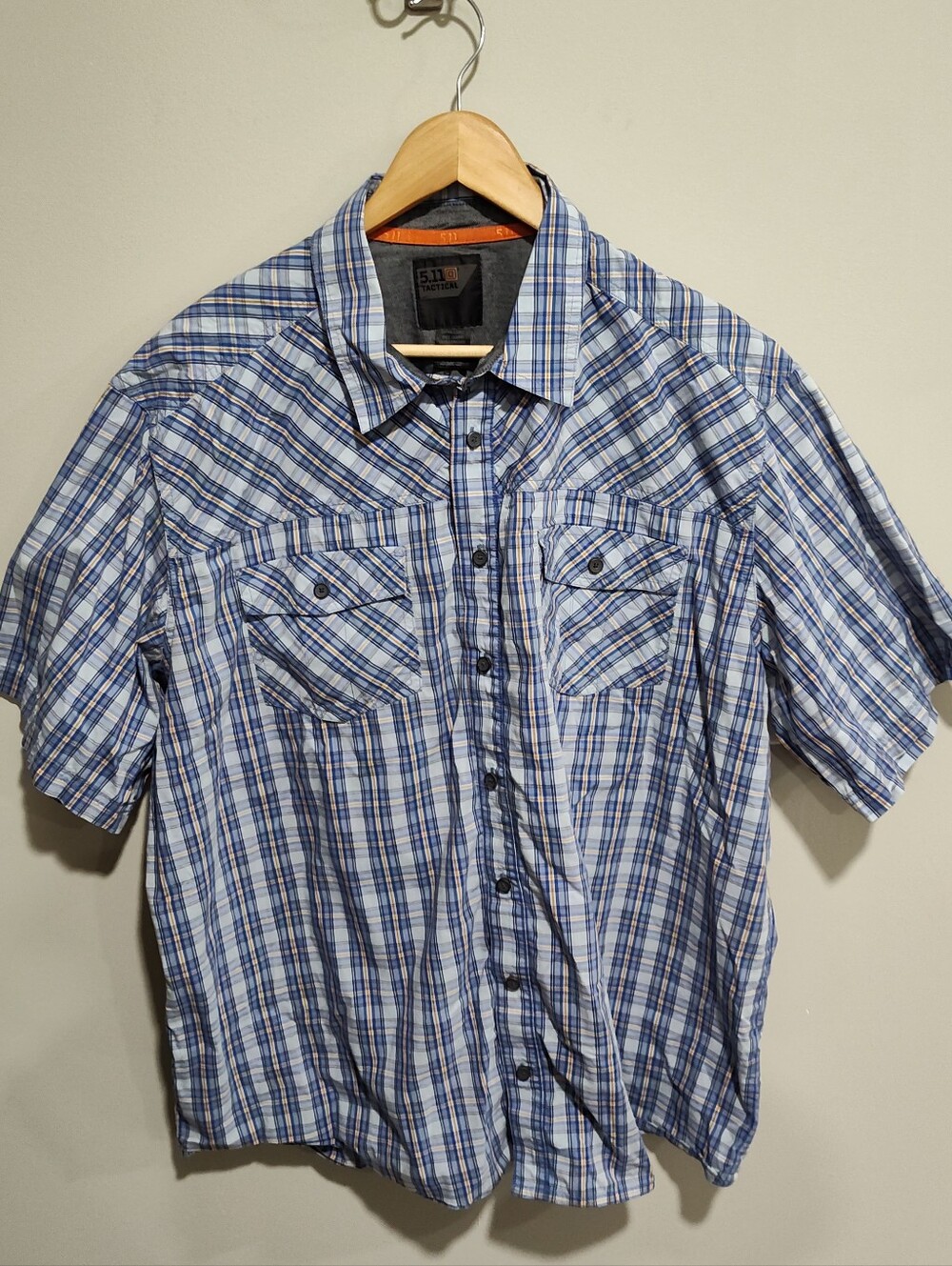 5.11 Tactical Men’s Plaid Short Sleeve Button Up Shirt Blue White Orange XL